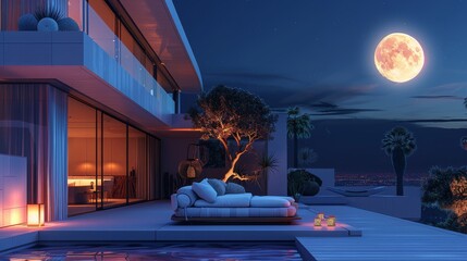 Futuristic home patio, full moon night sky, simple minimalist decor. Generative AI.