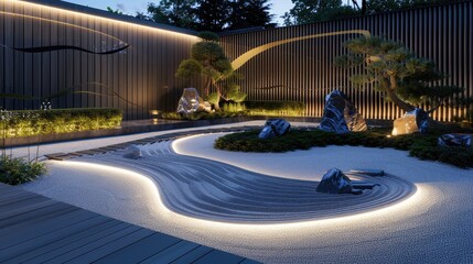 A modern Zen garden at twilight, featuring smoothly raked sand and minimalist sculptures, illuminated by soft LED lights, blending traditional Asian aesthetics with futuristic elements