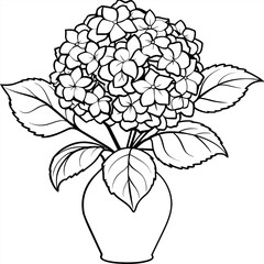 Hydrangea Flower on the vase outline illustration coloring book page design, Hydrangea Flower on the vase black and white line art drawing coloring book pages for children and adults