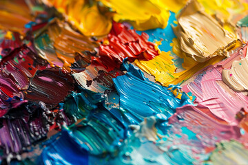 Abstract background of acrylic paint on a palette close-up macro