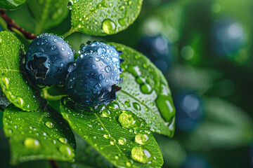Dew on a leaf. Blueberries on a branch with dew drops close-up.