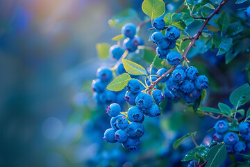Blueberries on a branch in the garden. Shallow depth of field.