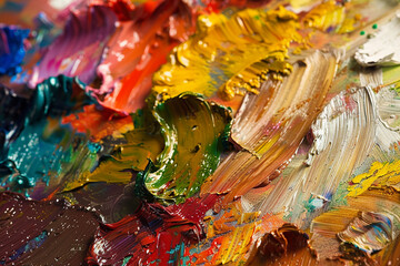 Abstract background of oil paints on a palette macro closeup. Colorful texture poster