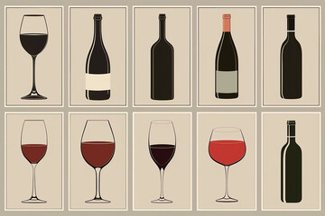 Set of wine bottles and glasses. Wine design over beige background,   illustration 