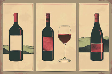 A set of wine bottles and glasses of red wine on a background of vineyards. Illustration in retro style..