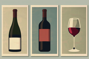 Wine bottle and glass. Set of wine bottles and glasses. Flat illustration in retro style.