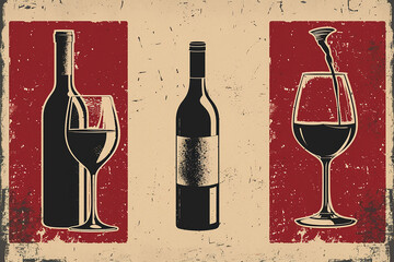 Wine design. Bottle and glass of red wine on a grunge background. illustration in flat style with grunge elements.