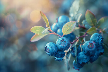 Blueberries on a branch. Banner with copy space. Blueberries on a branch in the garden. Shallow depth of field.