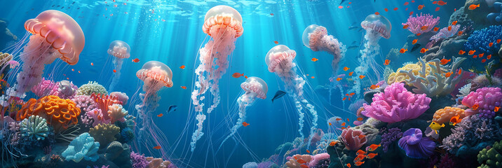 World in the ocean. Jellyfish in a coral reef. 3d render illustration.