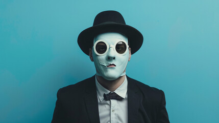 Man in funny disguise on light background. April fools
