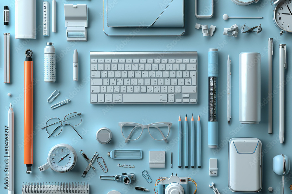 Fototapete desk supplies, neatly arranged against a flat background. it is rendered in a top-down view with all