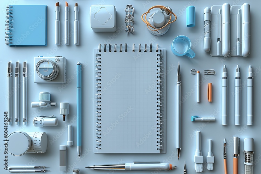 Fototapete a flat background displays desk supplies neatly arranged. it is rendered in a top-down view with all