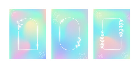 Y2K aesthetic abstract gradient cover templates set. Holographic backgrounds with floral linear elements.