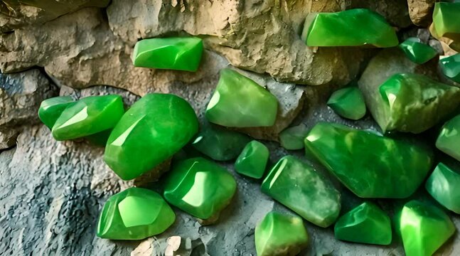 green stones or green jade stuck in the rocks