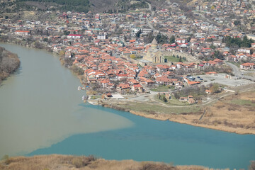 View of the confluence of two rivers in the city of Mtskheta, Georgia.