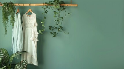 Sustainable beach clothing hangs on a bamboo rack, adorned with ivy and ferns, set against a soft...