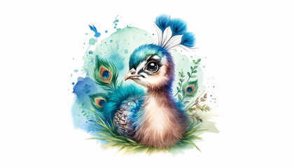 Fototapeta premium A charming illustration of a young peacock in a watercolor style