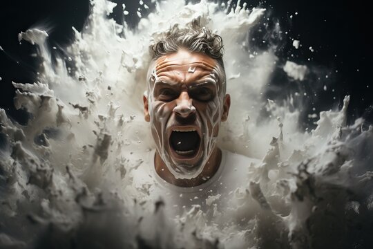 A man screams, an explosion of a large amount of white foam around him, a concept for shaving a man in a bathroom.