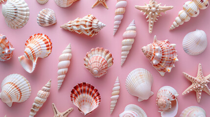 Many different seashells on pink background