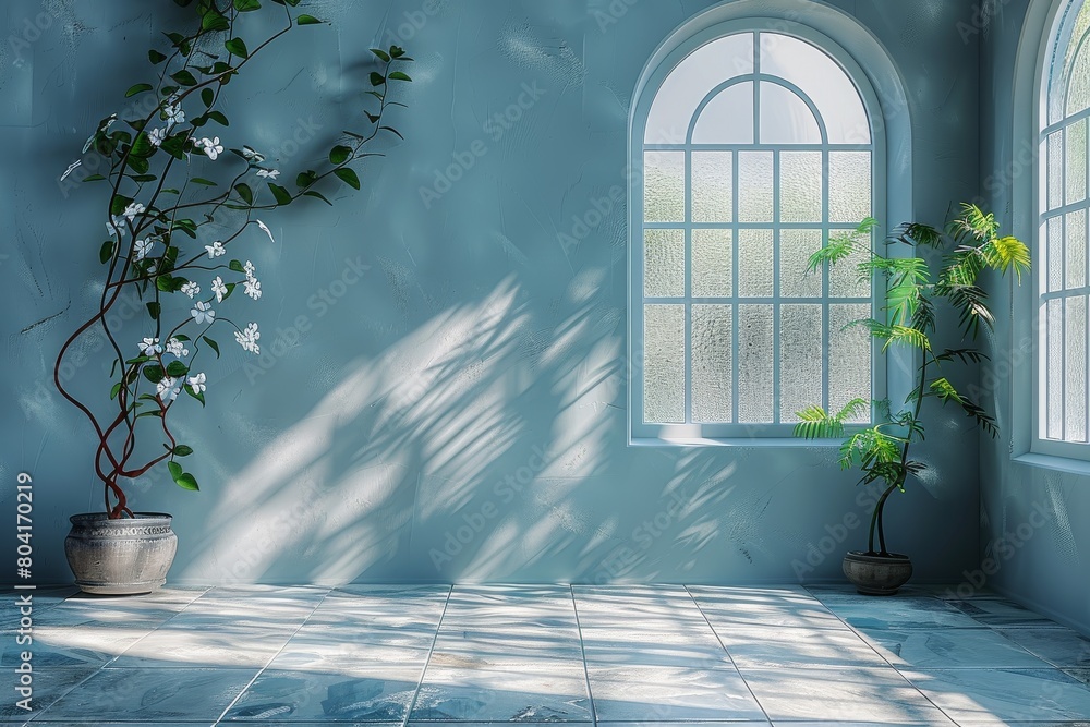 Poster a beautifully composed image with green plants and the pattern of shadows on the wall created by an 