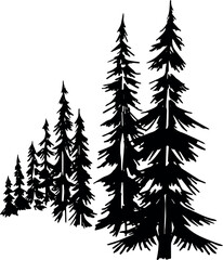 Pine tree silhouettes. Coniferous spruce horizontal background patterns, black evergreen woods vector illustration. Beautiful hand drawn panorama with treetops forest.