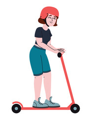 Woman riding scooter. Female person in doodle style.