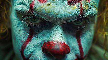 creepy and scary clown close-up portrait