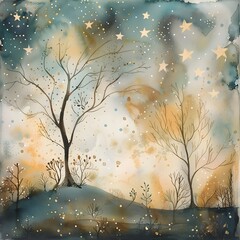 Dreamy Watercolor Landscape with Twinkling Stars in a Whimsical Ethereal Realm