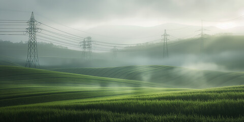 High voltage Electricity tower in the green field at foggy morning - Powered by Adobe