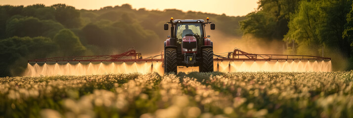 Farming tractor spraying plants in a field, agricultural, farming industry concept