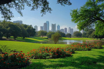 Obraz premium A metropolitan park with a city skyline in the background 