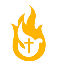 Holy Spirit dove logo. Pentecost Sunday banner with dove in flame and cross symbol. Vector illustration