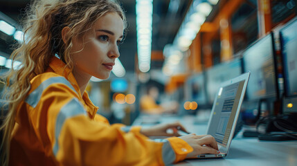 Professional uniformed female service technician sitting at a desk closely looking at her laptop computer screen in a large well lit warehouse. Generative AI.