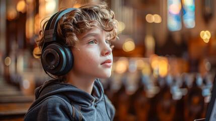 Portrait of a smiling young boy with headphones in a music studio