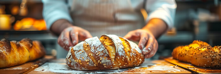 chef hands with freshly baked bread from an oven - Powered by Adobe
