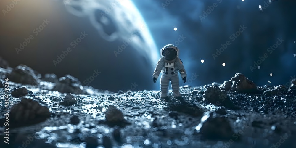 Poster lone astronaut mapping the surface of an extraterrestrial moon exploring the vast and mysterious lun