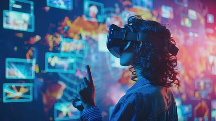 A creative professional wears a virtual reality headset in a colorful studio, surrounded by floating digital images of art and innovation, emphasizing a vibrant brainstorming session