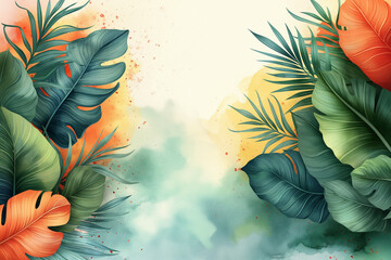 Summer banner with colourful leaves on colourful pastel background. Illustration. Selective focus. Summer vibes concept 
