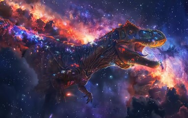 Fototapeta premium dinosaur with colorful energy, digital art style, illustration painting with stars in front of the Milky Way galaxy