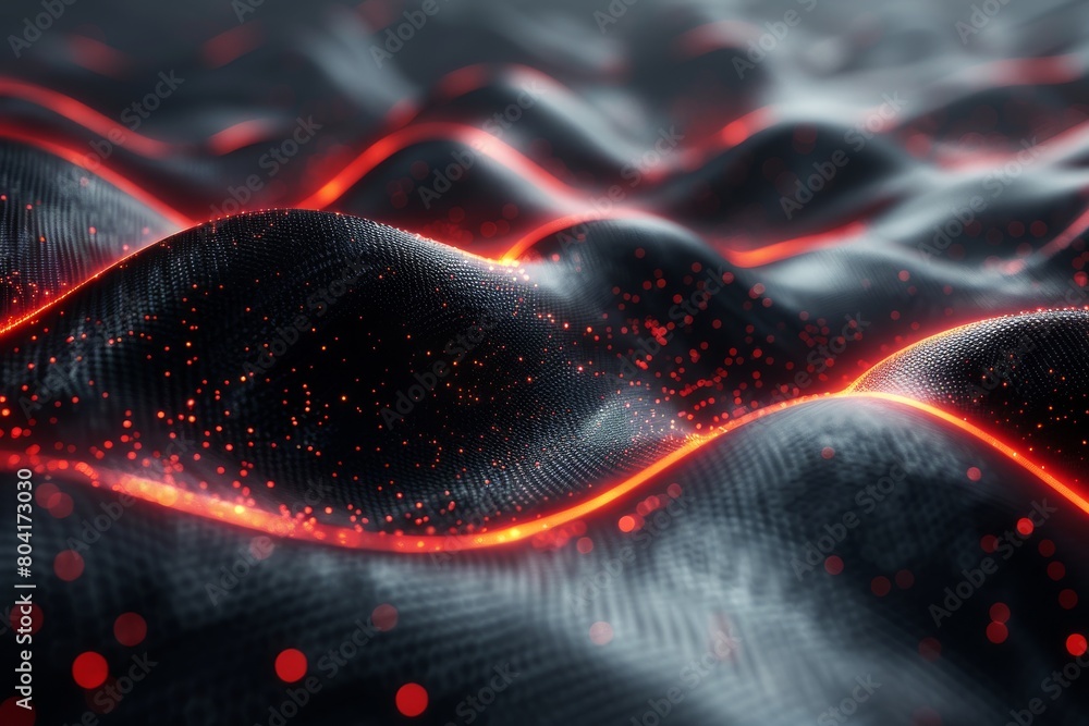 Poster futuristic digital landscape with flowing red lines and particles over dark background concept of da