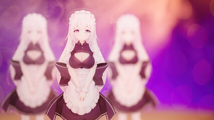 Three cute anime maid girl figures surrounded with smoke with copy space