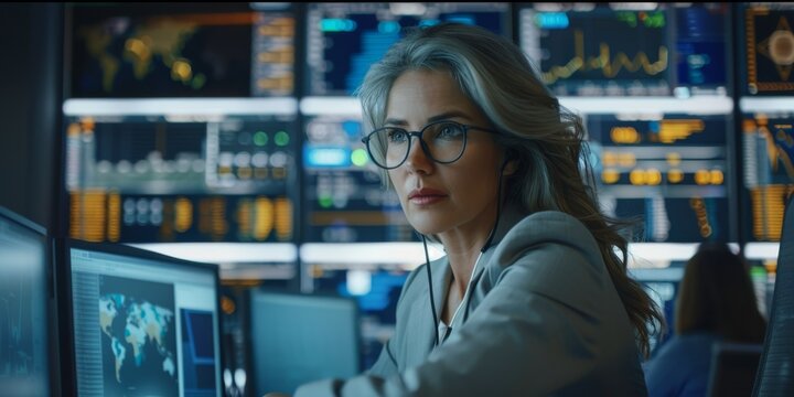 In the monitoring room, a female senior data scientist reviews reports from the risk management department on a large digital screen. Generative AI.