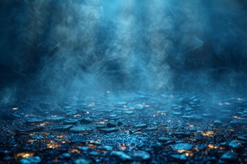 Sparkling rain droplets on the ground with an ethereal blue smoke above, creating a magical and mysterious scene