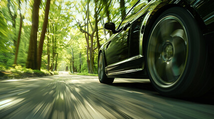 Car is driving at high speed along road in the forest. The effect of speed is conveyed by blurring surrounding objects and the car wheel
