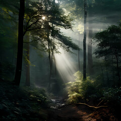 Sunlight streaming through a dense forest canopy.