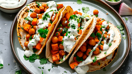 mexican food with fried potato, corn and spicy sauce on black plate