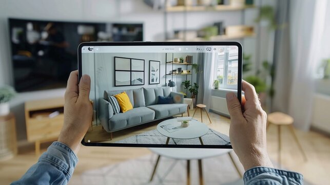 Man using AR interior design software on digital tablet to select 3D furniture for living room.