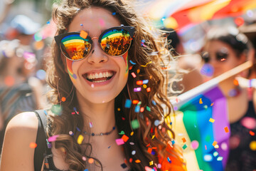 Naklejka premium Happy woman with sunglasses at pride parade, holding rainbow flag with confetti flying around her.