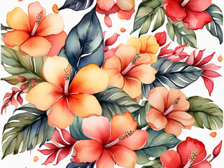 Tropical flower pattern watercolor illustration on a white background