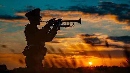 A silhouette of a soldier playing a bugle at dawn.


